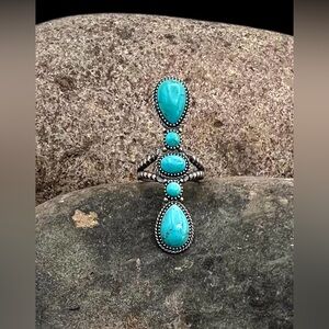 Signed Navajo Handmade Sterling Silver Natural Turquoise Elongated Ring 8